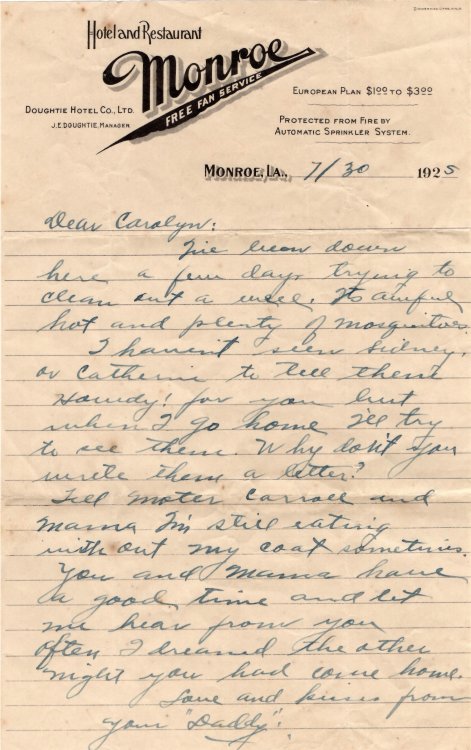 1925 Letterhead and Written Correspondence from Monroe Hotel and Restaurant in Louisiana, J.E. Doughtie, Manager