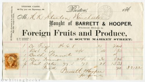 1865 Boston Billhead: Barrett & Hooper Foreign Fruits & Produce